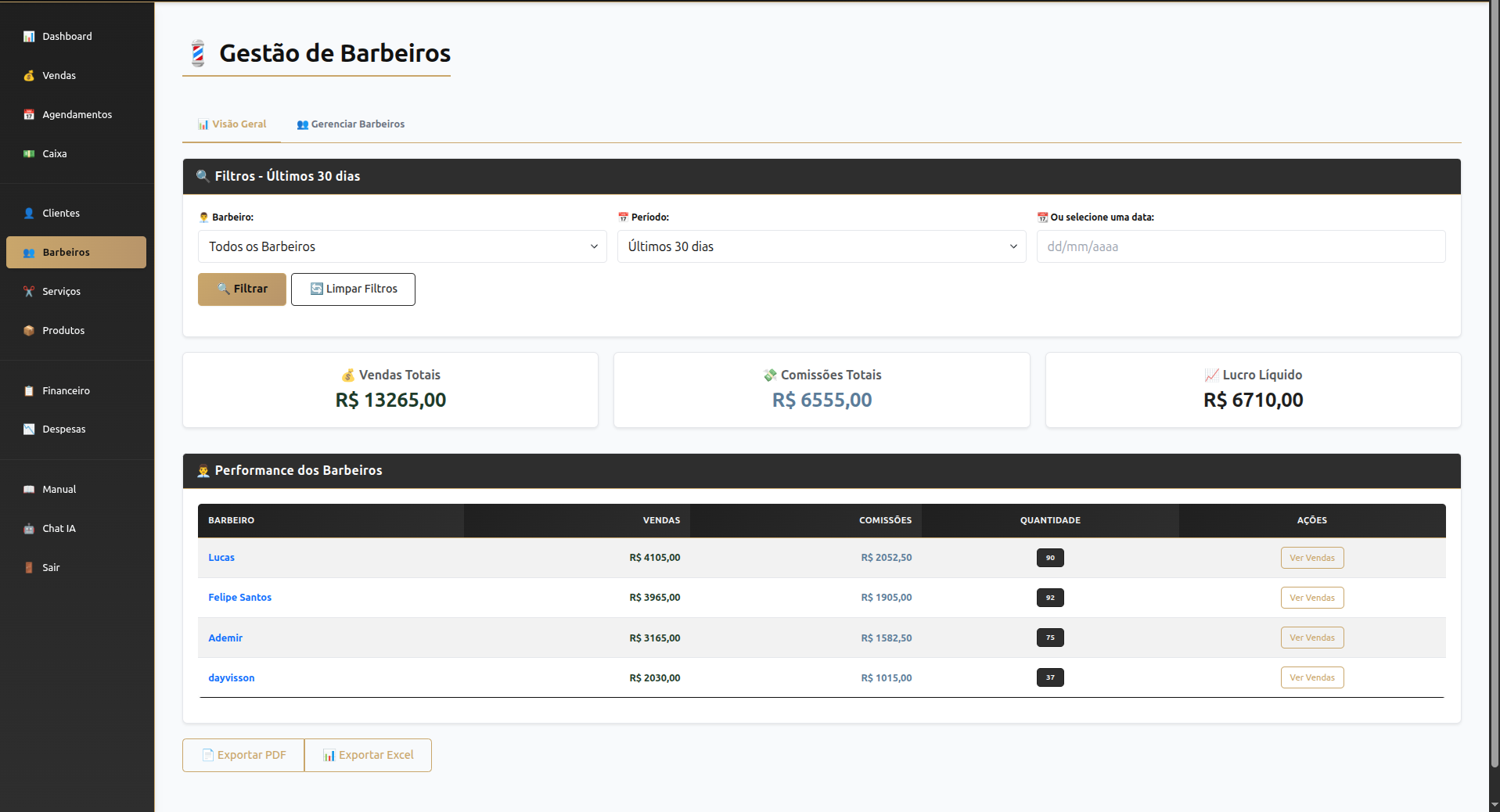 Tela de comissoes do Barber Cashflow